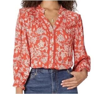 Democracy Floral Ruffle Shoulder Blouse Women's 3X V-Neck Long Sleeve Button